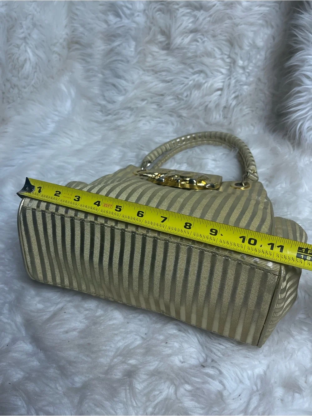 Gold Striped coated fabric Satchel Gold tone Elephant-Embellished